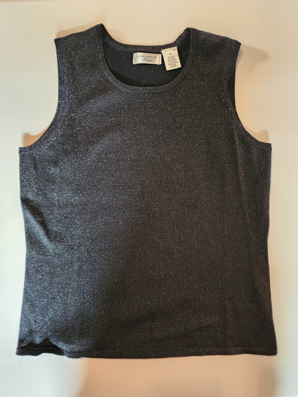 Vintage Laura Ashley Petite Small Black Silver Metallic TankTop Sleeveless Rayon